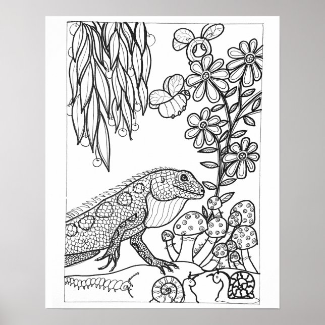 Póster 16"x 20" Lizard con flores coloreado (Frente)