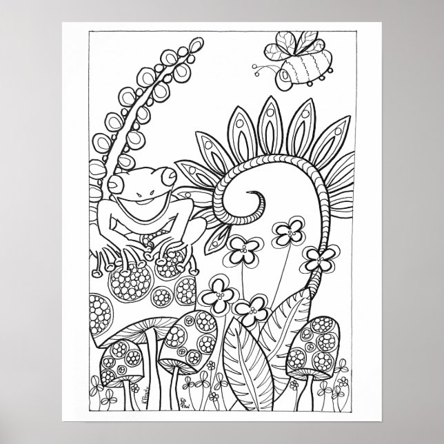 Póster 16"x 20" Pequeña rana con flores de fantasía (Frente)