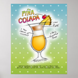 PÓSTER 16" X 20" - PINA COLADA RECIPE COCKTAIL ART