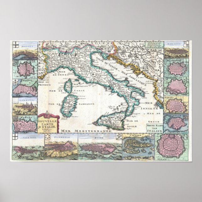 Póster 1706 de la Feuille Map of Italy (Frente)