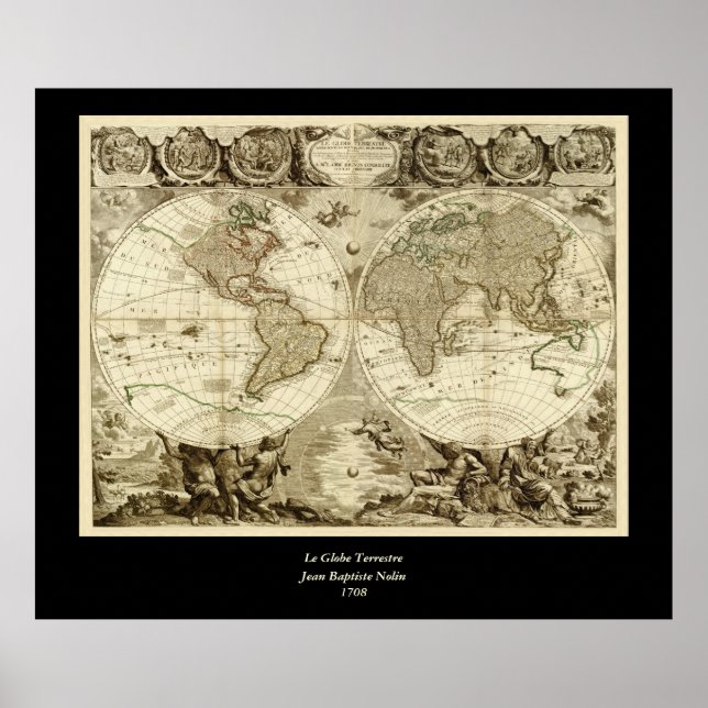 Póster 1708 World Map by Jean Baptiste Nolin (Frente)