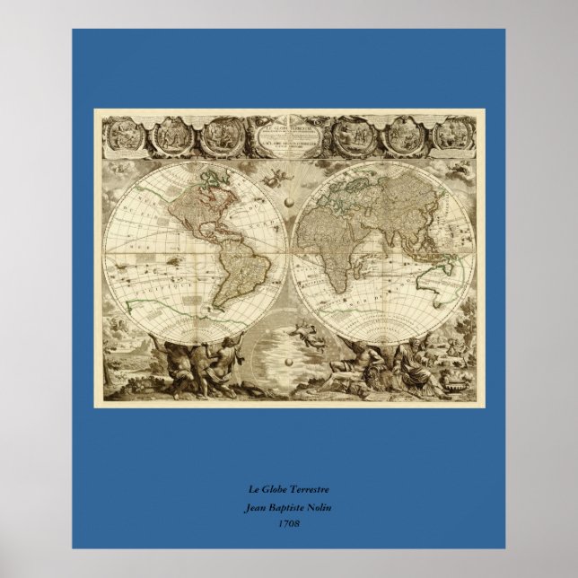 Póster 1708 World Map by Jean Baptiste Nolin (Frente)