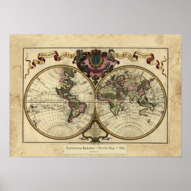 Póster "1720 Guillaume DeLisle" Olde World Map Poster (Frente)