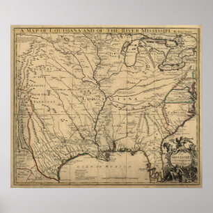 Póster 1721 Mapa Territorio de Luisiana y río Misisipi