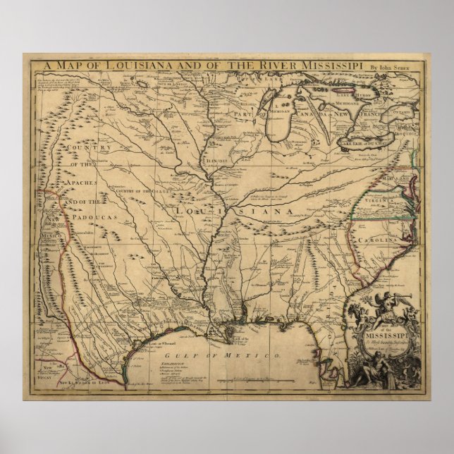 Póster 1721 Mapa Territorio de Luisiana y río Misisipi (Frente)