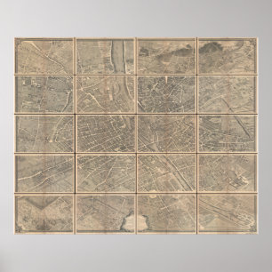 Póster 1739 Vista y Mapa turco de París Francia Bretez