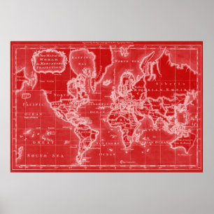Póster 1766) rojos y blancos del mapa del mundo (