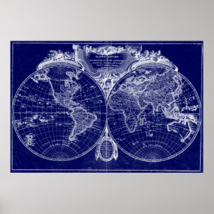 Póster 1775) azules y blancos del mapa del mundo (