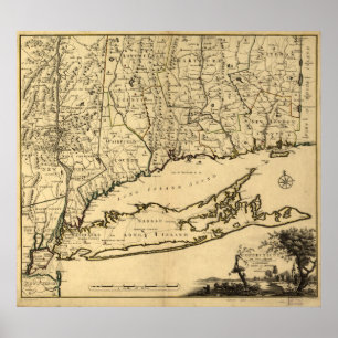 Póster 1780 Map of Connecticut and Long Island, NY