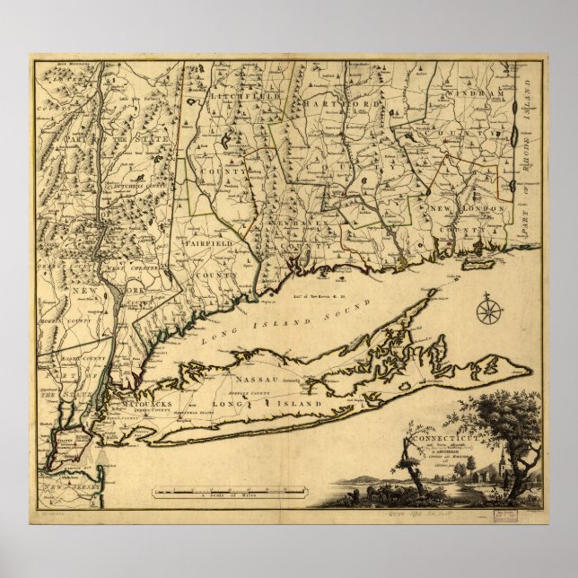 Póster 1780 Map of Connecticut and Long Island, NY (Frente)