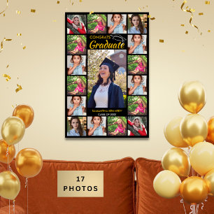 Póster 17 Collage de Fotos Felicidades Graduado Negro y D