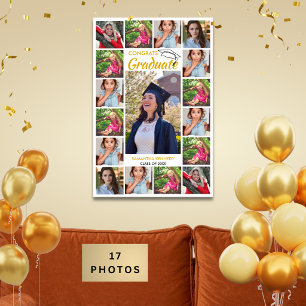 Póster 17 Collage de Fotos Graduado Felicidades Dorado Bl