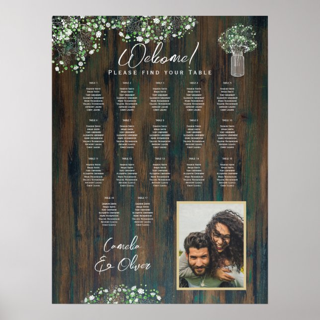 Póster 17 Mesa Madera Rústica Gypsophila Fotografía de la (Frente)