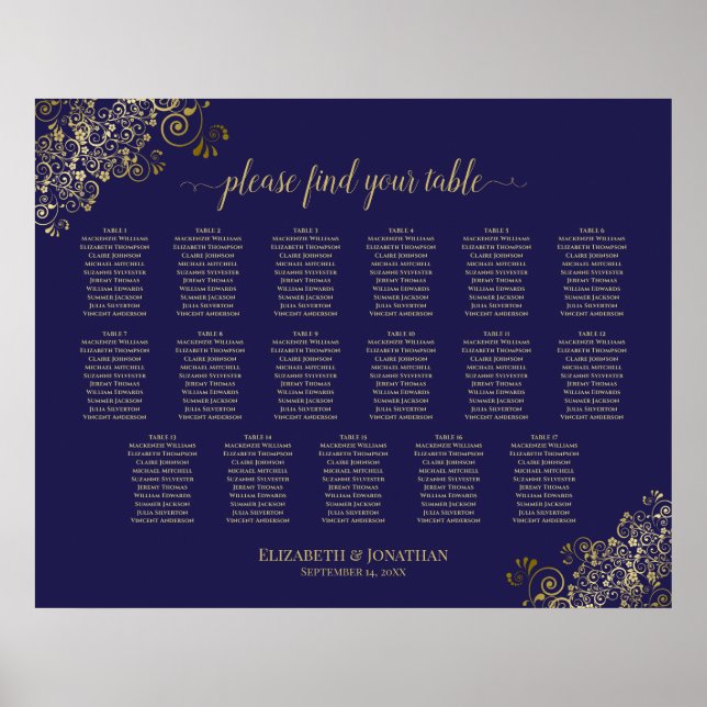 Póster 17 Table Lacy Gold Navy Blue Wedding Seating Chart (Frente)