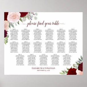Póster 17 Table Red & Pink Floral Wedding Seating Chart