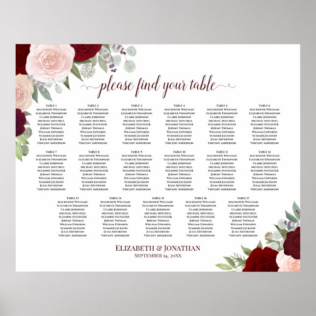 Póster 17 Table Red & Pink Floral Wedding Seating Chart (Frente)