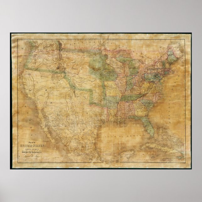 Póster 1839 David H. Burr Wall Map de los Estados Unidos (Frente)