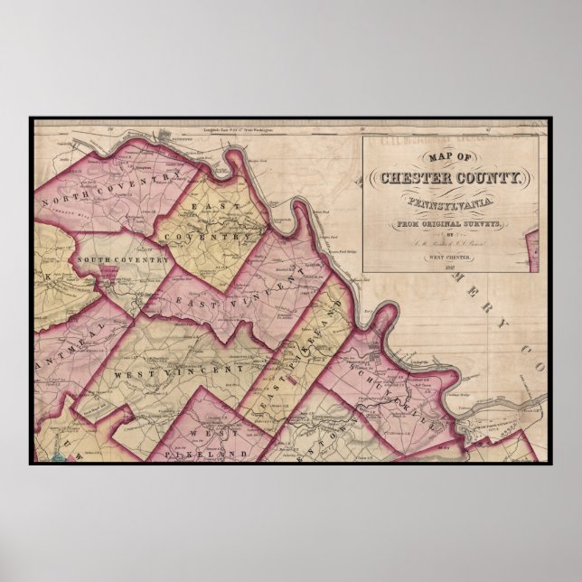 Póster 1847 Chester County PA Map Schuylkill River (Frente)