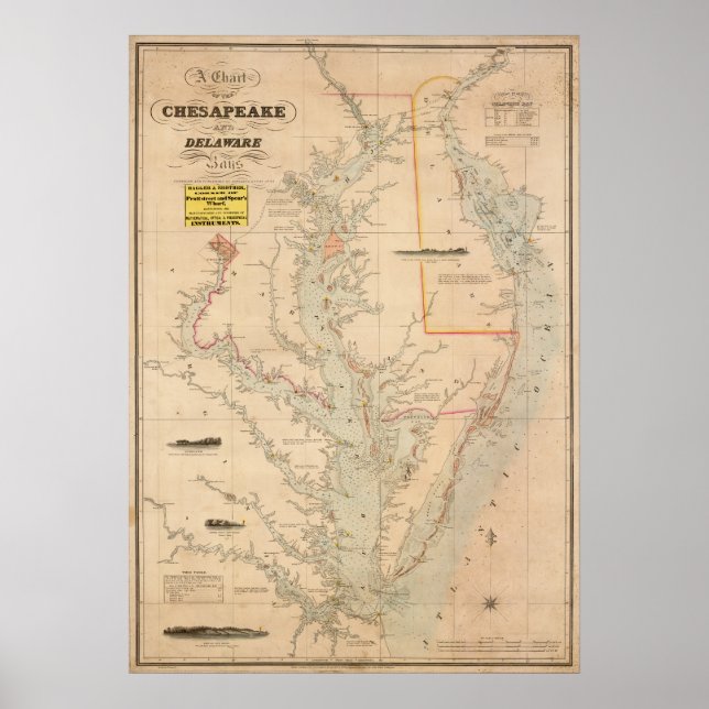 Póster 1852 Gráfico de bahías de Chesapeake y Delaware (Frente)