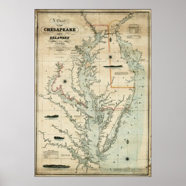 Póster 1852 Gráfico de bahías de Chesapeake y Delaware (Frente)