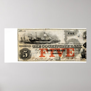Póster 1853 billete de banco de Cochituate de cinco