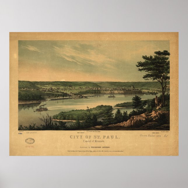 Póster 1853 Saint Paul, MN Birds View Panoramic Map (Frente)