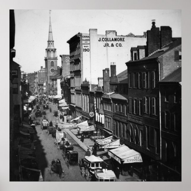 Póster 1859: Tráfico y tiendas en la calle Washington (Frente)