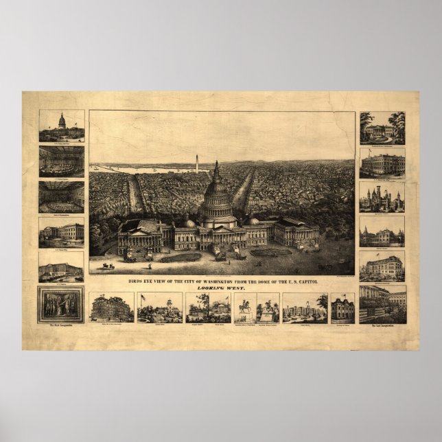 Póster 1860-90 Washington DC Birds View Panoramic Map (Frente)