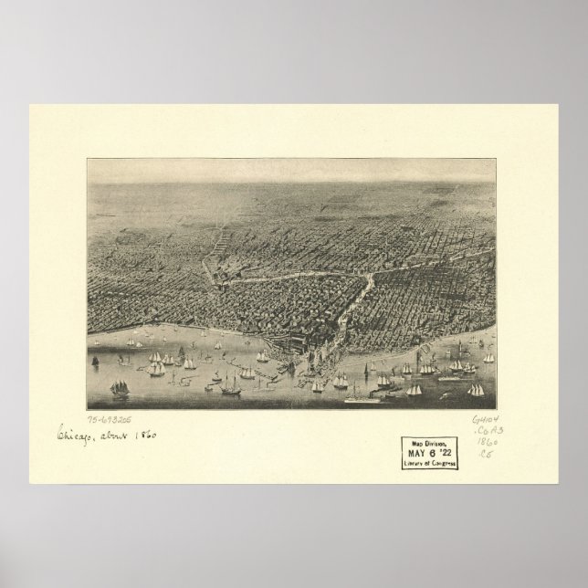 Póster 1860 Chicago, IL Birds Eye View Panoramic Map (Frente)