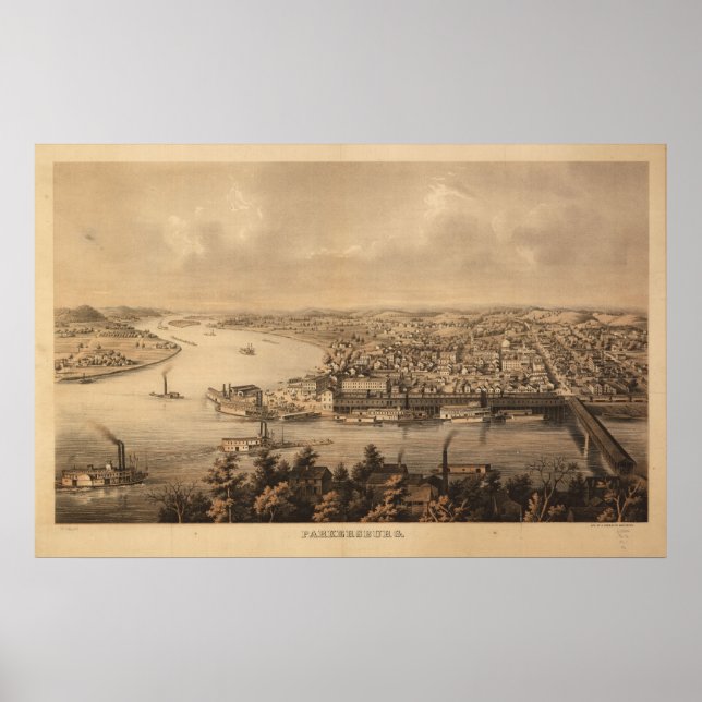 Póster 1861 Parkersburg, WV BirdView Panoramic Map (Frente)