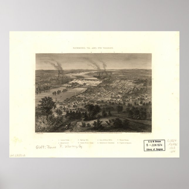 Póster 1863 Richmond, VA Mapa Panorámico de Vista de Ojos (Frente)