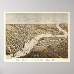 Póster 1867 Appleton, WI Birds Eye View Panoramic Map