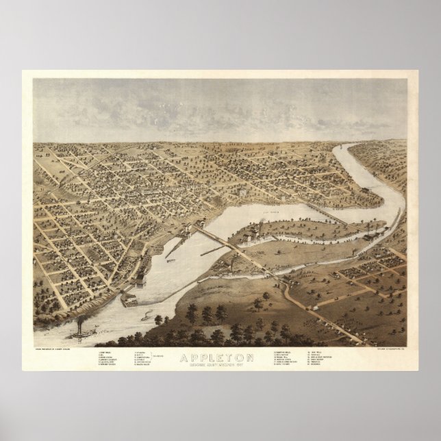 Póster 1867 Appleton, WI Birds Eye View Panoramic Map (Frente)