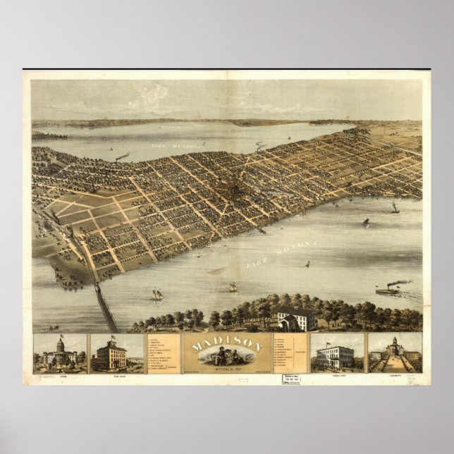 Póster 1867 Madison, WI Birds View Panoramic Map (Frente)