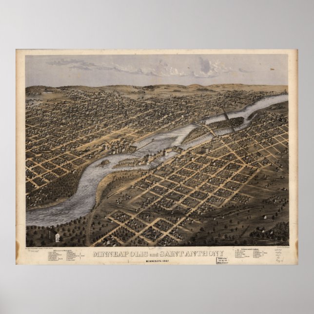 Póster 1867 Minneapolis & St. Paul , MN Panoramic Map (Frente)