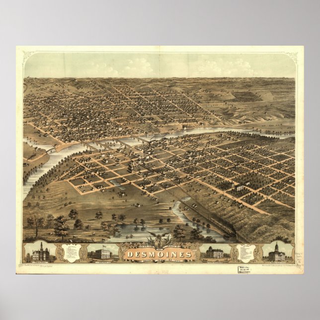 Póster 1868 Des Moines, IA Birds Eye View Panoramic Map (Frente)