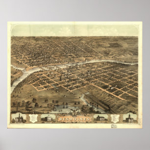 Póster 1868 Des Moines, mapa panorámico de la opinión de