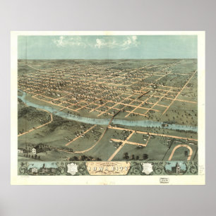 Póster 1868 Iowa City, mapa panorámico de la opinión de