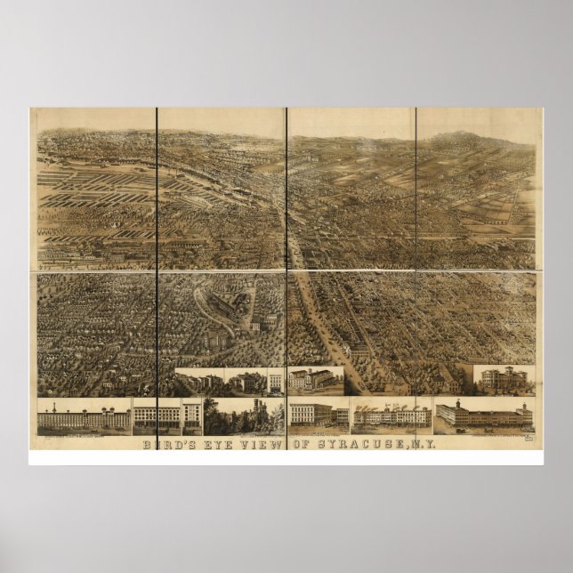 Póster 1868 Syracuse, NY Birds Eye View Panoramic Map (Frente)