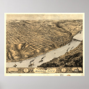 Póster 1869 Kansas City, mapa panorámico de la opinión de