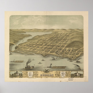 Póster 1870 Hudson, WI Birds View Panoramic Map