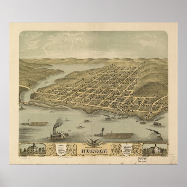 Póster 1870 Hudson, WI Birds View Panoramic Map (Frente)