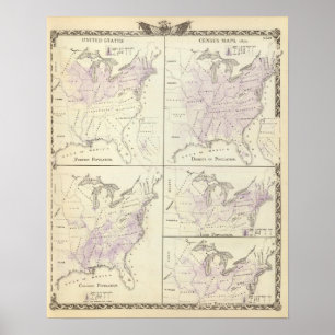Póster 1870 mapas del censo de Estados Unidos