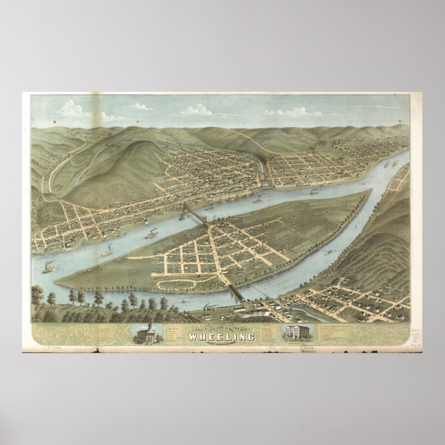 Póster 1870 Ruedas, WV Mapa Panorámico de Vista de Ojos d (Frente)