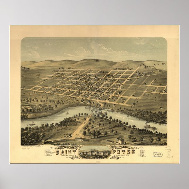 Póster 1870 San Pedro, MN Birds View Panoramic Map (Frente)