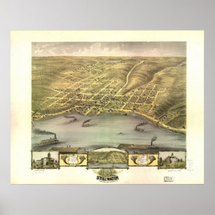 Póster 1870 Stillwater, mapa panorámico de la opinión de