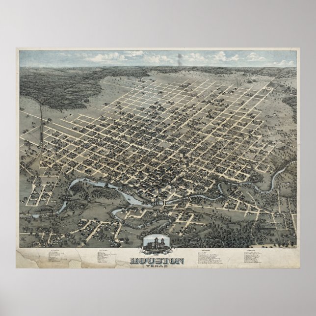 Póster 1873 Houston, TX Birds View Panoramic Map (Frente)