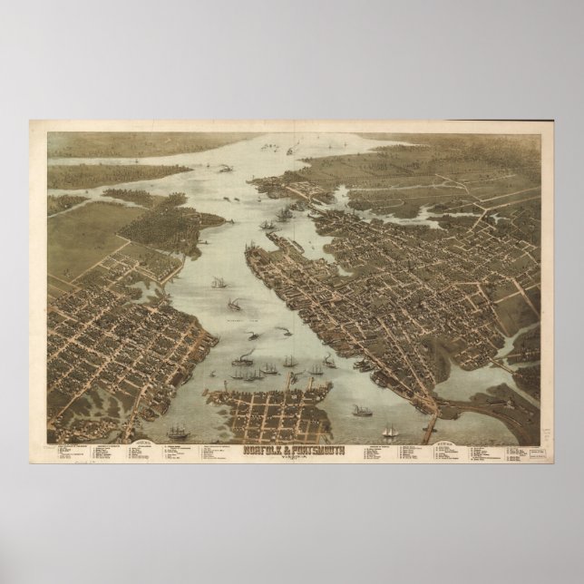 Póster 1873 Norfolk Portsmouth VA BirdsEye Panoramic Map (Frente)