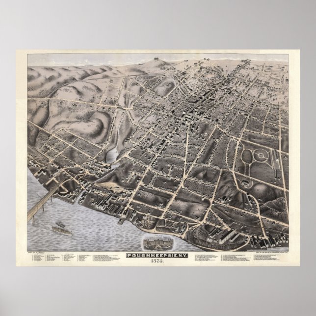 Póster 1874 Poughkeepsie, NY Birds Eye View Panoramic Map (Frente)