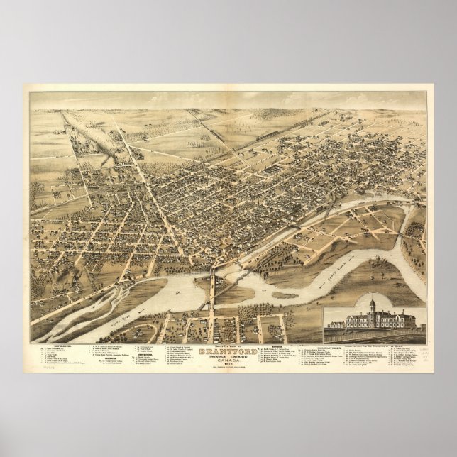 Póster 1875 Brantford, Ontario Bird's Eye Panoramic Map (Frente)
